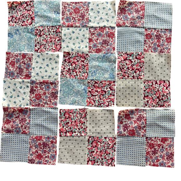 Hand Sewn Patchwork quilt squares (9) multicolor blocks cotton 1940s 4-patch - Picture 1 of 7